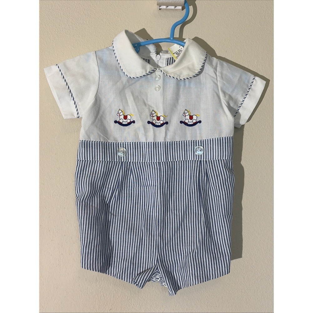 Vintage VTG Embroidered Rocking Horse Striped 1pc Outfit Infant Baby Boy 3-6M